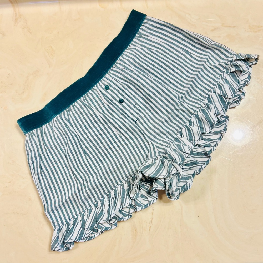 VS PINK Velvet Trim Ruffle Pajama Shorts Deep Forest Green & White Stripes SMALL